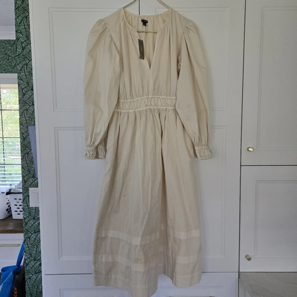 NWT Long-Sleeve Smocked-Waist Midi Dress Lightweight Chino Khaki Size XS NEW - Picture 3 of 13